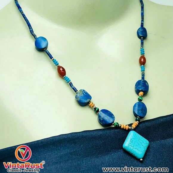 Lapis and Turquoise Beaded Necklace, Handmade Vintage Beaded Necklace - Picture 3 of 12